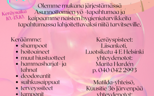 Osallistu keräykseemme, auta vaikeissa elämäntilanteissa olevia naisia!